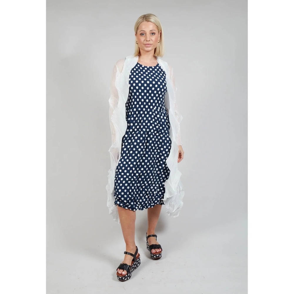 Alquema Navy Blue Polka Dot Crinkle Pleated Sleeveless Midi Dress Size 2 Pockets